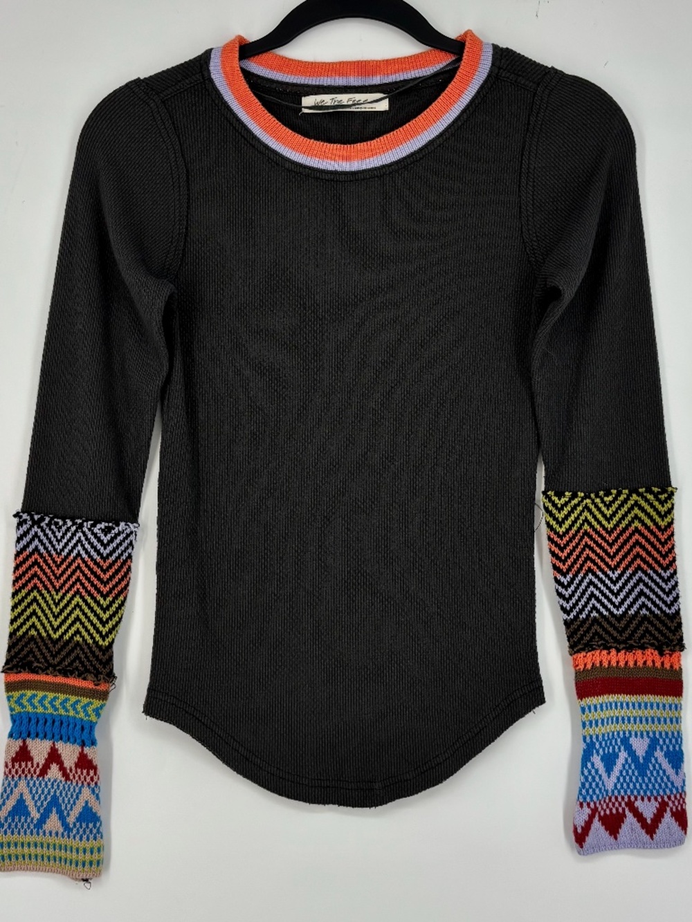 We The Free Womens XS Thermal Knit Top Dark Gray Multicolor Alpine Cuffs Fitted